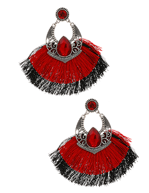 Red Alloy Diamond-studded Clan Style Double Tassel Earrings