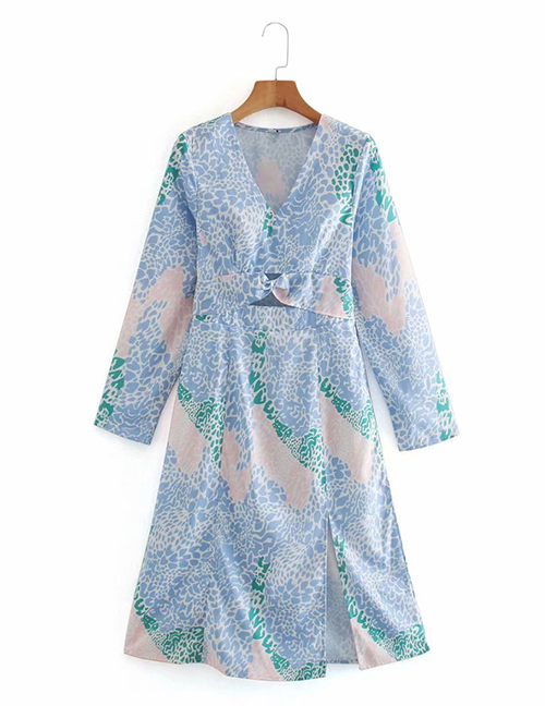 Fashion Blue V-neck Hollow Slit Contrast Print Dress