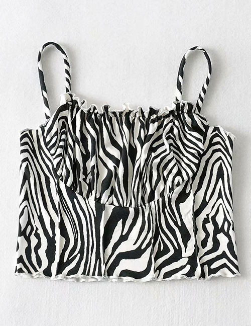 Fashion Black And White Chest Folds Fungus Lace Animal Print Camisole