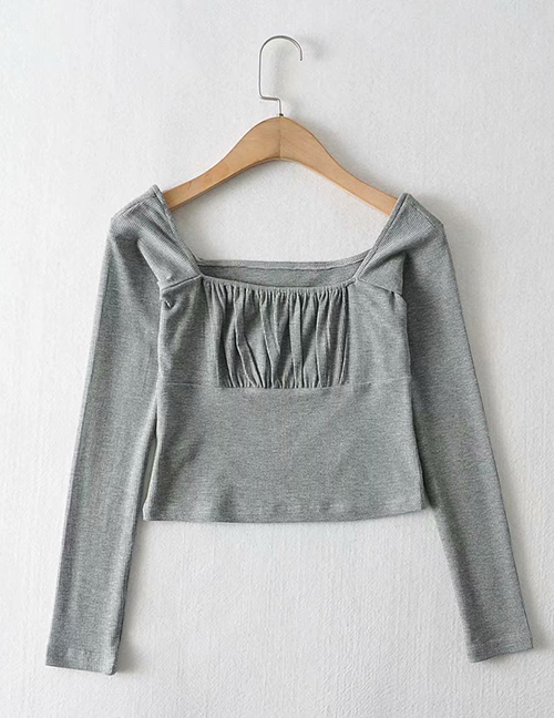 Fashion Light Grey Pleated Long-sleeved Slim-fit T-shirt Top