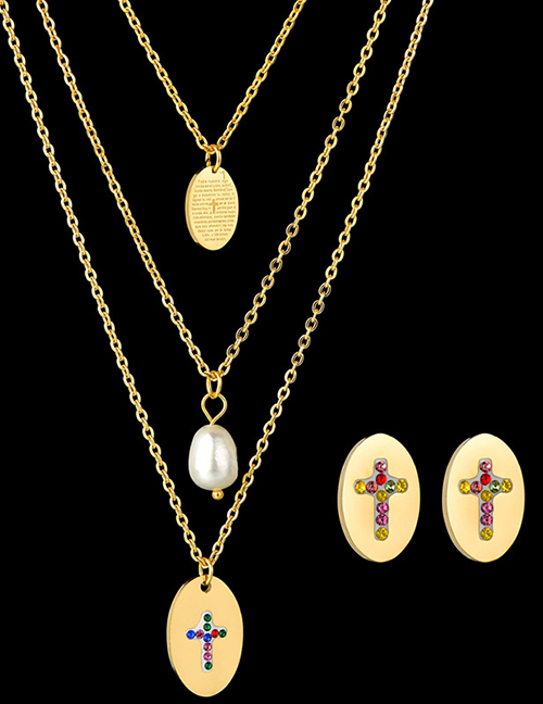 Fashion Cross Set Cross Pearl Stainless Steel Necklace And Earring Set