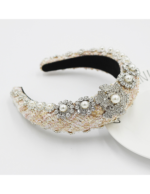 Fashion Golden Diamond-studded Pearl Flower Sponge Wide Brim Headband