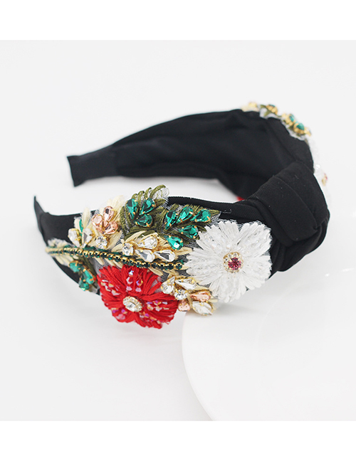 Fashion Black Fabric With Diamonds And Handmade Flowers Knotted Wide-brimmed Headband