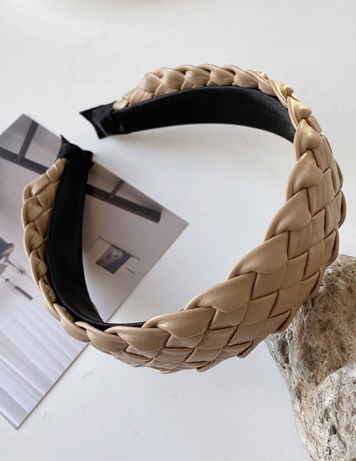 Fashion Shallow Khaki Faux Leather Woven Openwork Broad-side Headband
