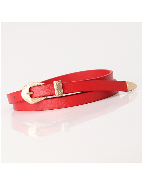Fashion Red Thin Leather Belt Carved Buckle Alloy Belt