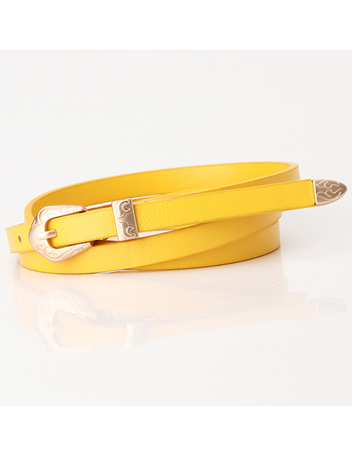 Fashion Yellow Thin Leather Belt Carved Buckle Alloy Belt