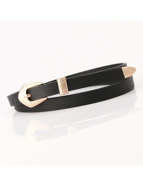 Fashion Black Thin Leather Belt Carved Buckle Alloy Belt