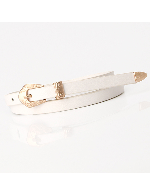 Fashion White Thin Leather Belt Carved Buckle Alloy Belt