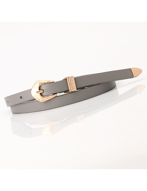 Fashion Gray Thin Leather Belt Carved Buckle Alloy Belt