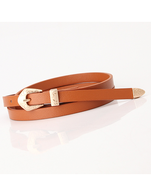 Fashion Camel Thin Leather Belt Carved Buckle Alloy Belt