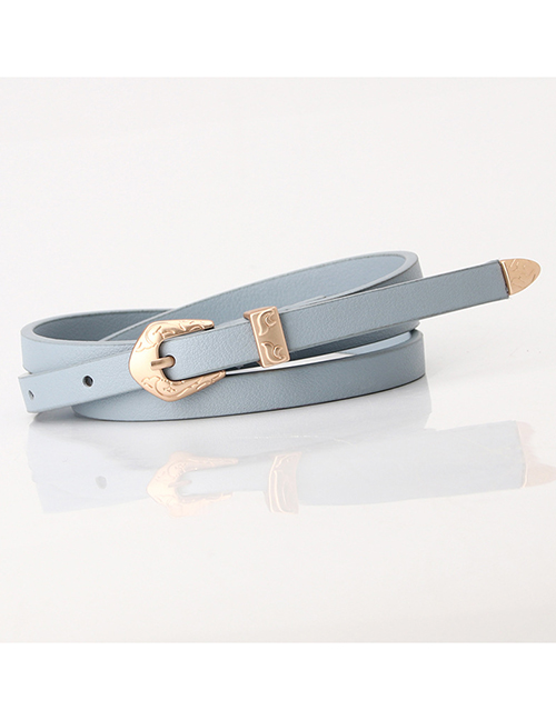 Fashion Light Blue Thin Leather Belt Carved Buckle Alloy Belt