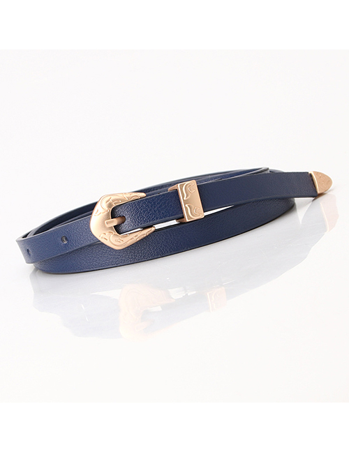 Fashion Navy Thin Leather Belt Carved Buckle Alloy Belt