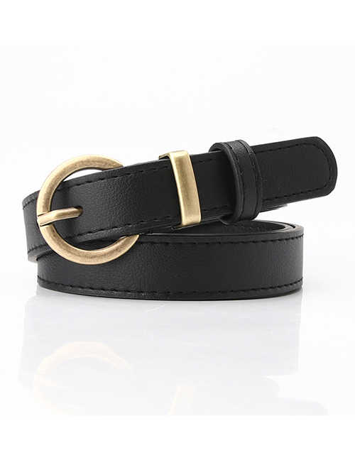 Fashion Black Faux Leather Round Buckle Belt With Pin Buckle