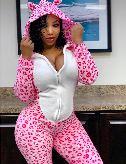 Fashion Pink Leopard Hooded Tail Leopard Print Jumpsuit Acting Costume