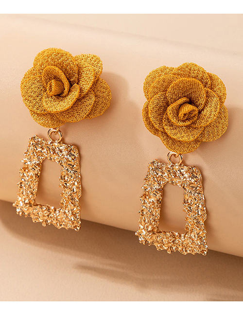 Fashion Golden Generous Three-dimensional Flower Embossed Square Earrings