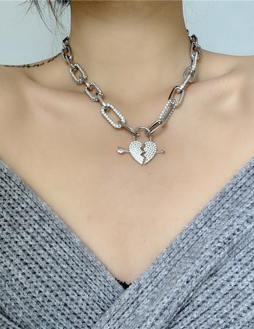 Fashion Silver Love Chain Glitter Diamond Stitching Necklace