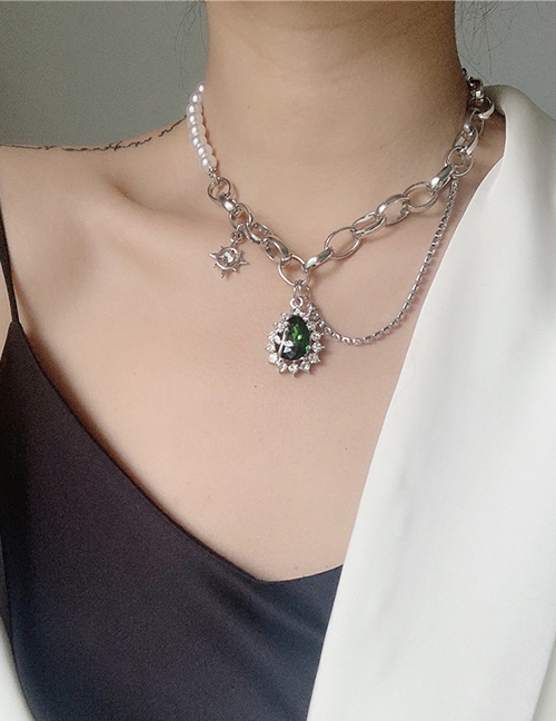 Fashion Silver Water Drop Diamond Stitching Pearl Necklace