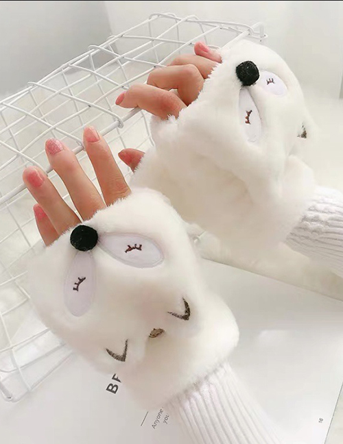 Fashion Little Fox-white Animal Flip Fingerless Plush Thick Warm Gloves