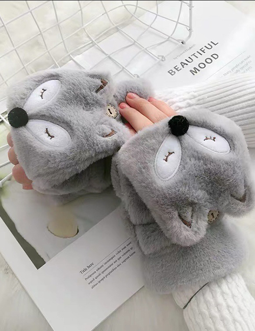Fashion Little Fox-gray Animal Flip Fingerless Plush Thick Warm Gloves