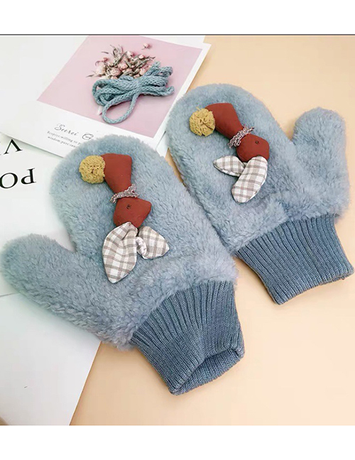 Fashion Ear Rabbit-blue Animal Flip Fingerless Plush Thick Warm Gloves