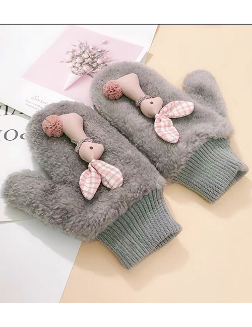 Fashion Ear Rabbit-gray Animal Flip Fingerless Plush Thick Warm Gloves