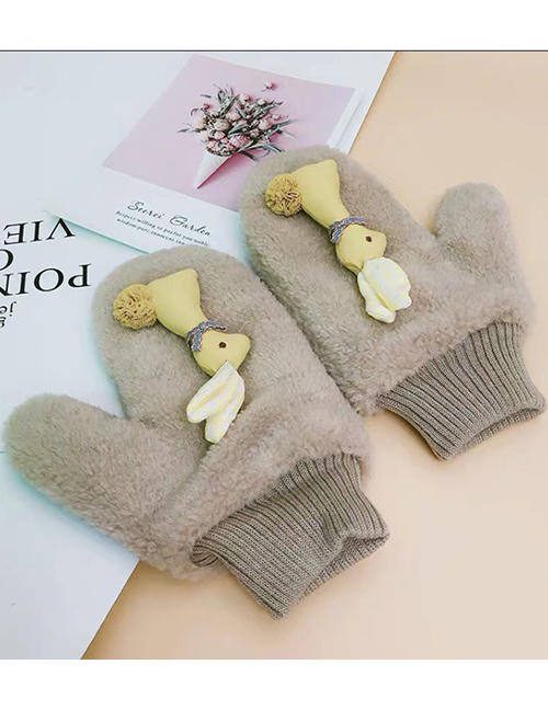 Fashion Ear Rabbit-coffee Animal Flip Fingerless Plush Thick Warm Gloves