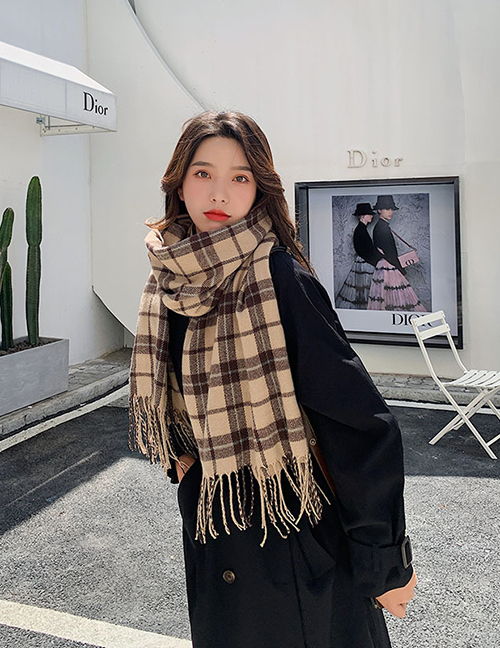 Fashion Brown Plaid Double-sided Tassel Warmth Thick Scarf