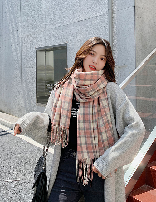 Fashion Pink Fringed Double-sided Plaid Cashmere Scarf