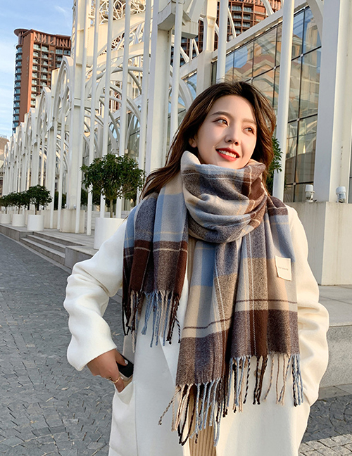 Fashion Brown + Blue Double-sided Plaid Cashmere Fringed Scarf