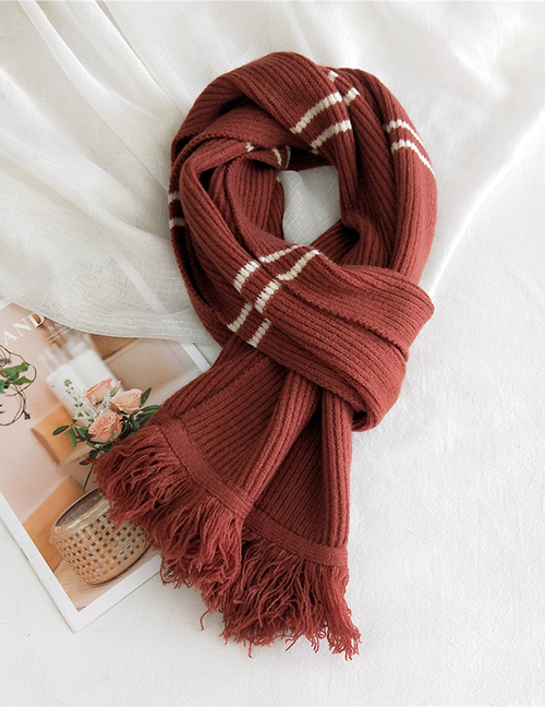 Fashion Claret Striped Fringed Knitted Wool Scarf