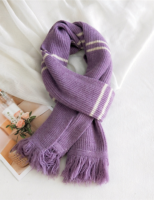 Fashion Purple Striped Fringed Knitted Wool Scarf