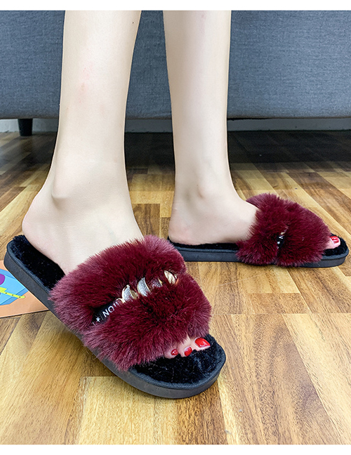 Fashion Wine Red Plus Velvet Thickened Word Plush Slippers