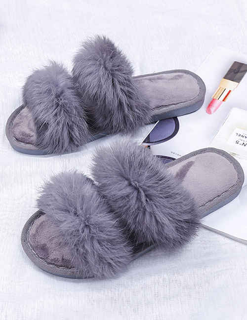 Fashion Gray Flat Indoor Slippers With Real Rabbit Fur