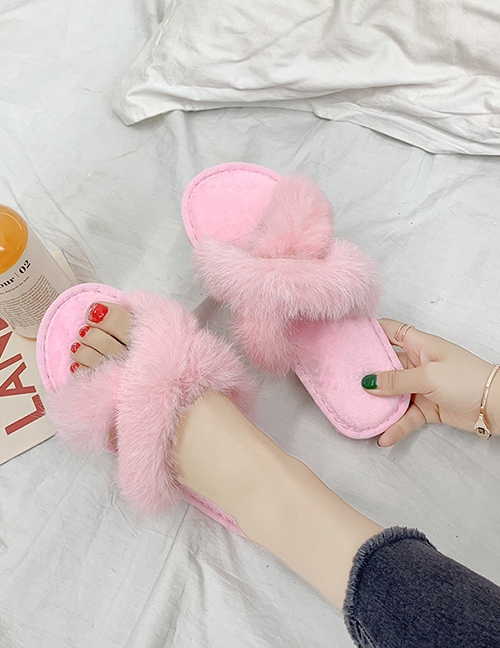 Fashion Pink Rabbit Fur Household Cross-slip Wear-resistant Slippers