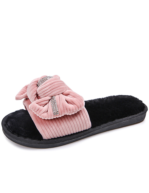 Fashion Pink Corduroy Bow Flat Slippers