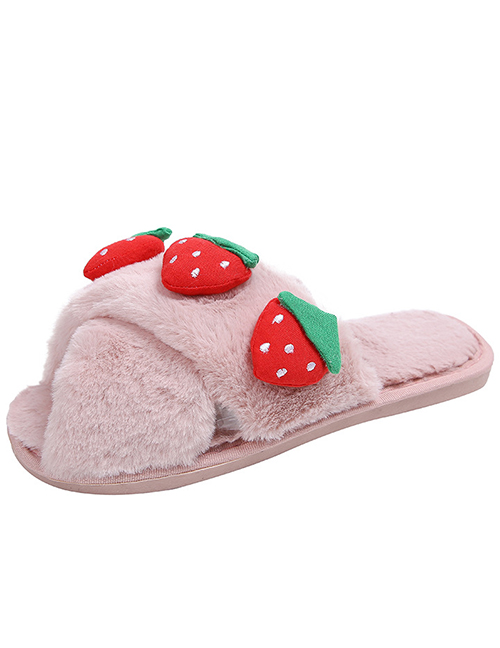 Fashion Pink Strawberry Fruit Cross Plush Flat Slippers