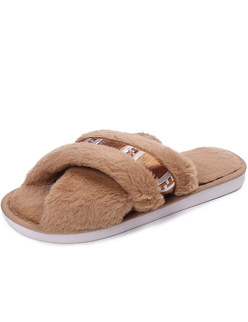 Fashion Brown Indoor Cross Plush Slippers