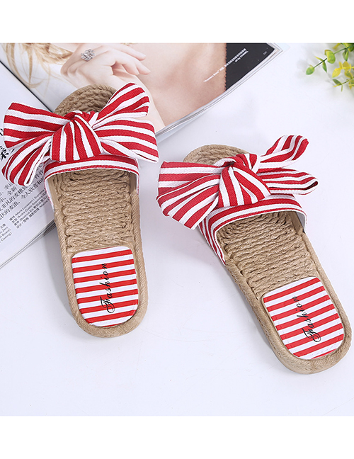 Fashion Red Striped Linen Sandals And Slippers With Bow
