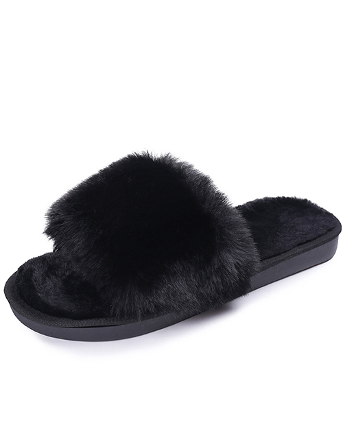 Fashion Black Plush Non-slip Flat Slippers