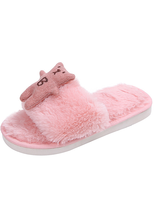 Fashion Pink Plush Bear Flat Children S Cotton Slippers