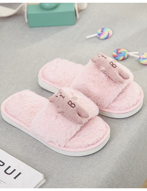 Fashion Pink Plush Bear Flat Adult Cotton Slippers