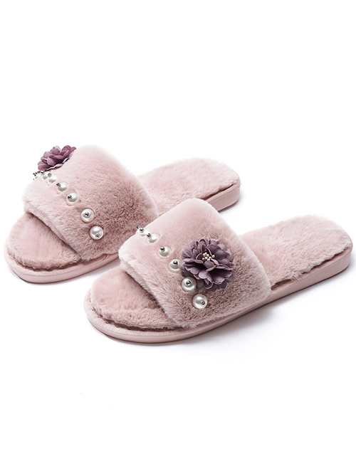 Fashion Light Pink Flower Pearl Flat-bottomed Plush Slippers