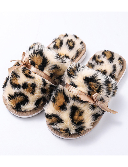 Fashion Covered Leopard Beige Leopard Print Bow Parent-child Plush Slippers