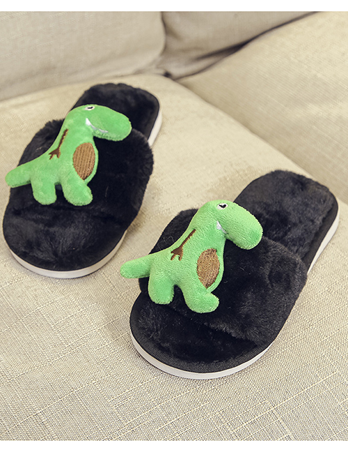 Fashion Black Little Green Dragon Dinosaur Plush Flat-bottomed Plush Slippers