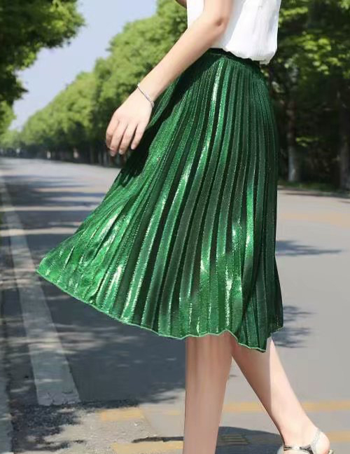 Fashion Green Crumpled Elastic Waist Solid Color Pleated Skirt