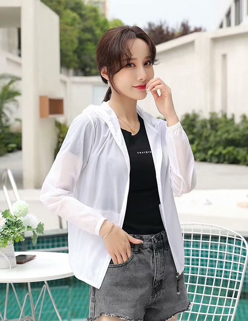 Fashion White Hooded Solid Color Loose Sun Protection Clothing