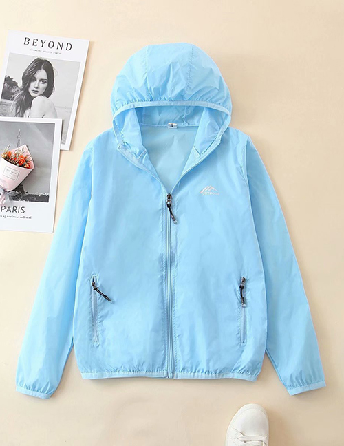 Fashion Light Blue Hooded Solid Color Loose Sun Protection Clothing