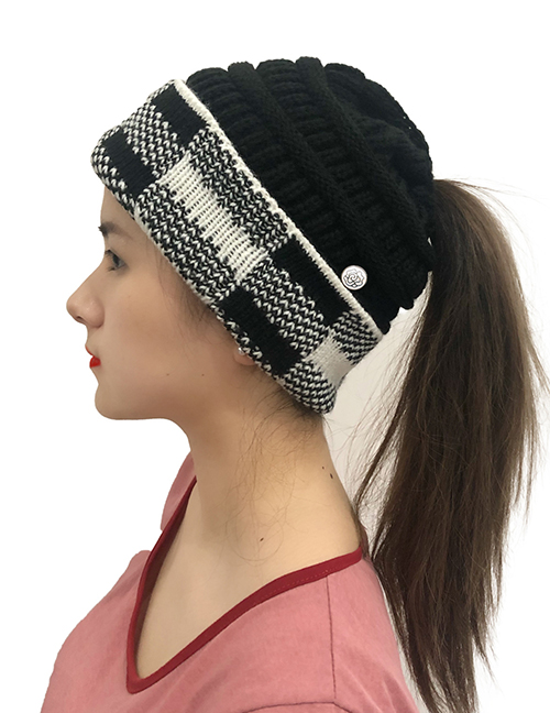 Fashion Black+white Grid Buttoned Large Lattice Curled Knitted Ponytail Hat