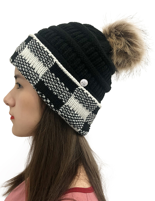 Fashion Black+white Grid Large Square Check Color Block Wool Ball Knitted Hat