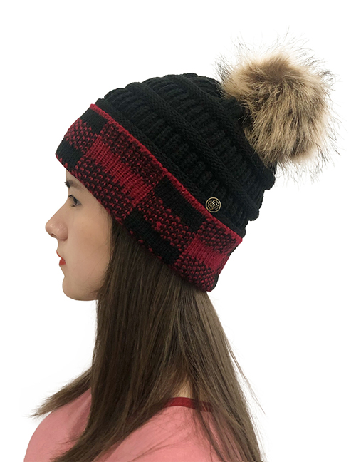 Fashion Black+red Grid Large Square Check Color Block Wool Ball Knitted Hat